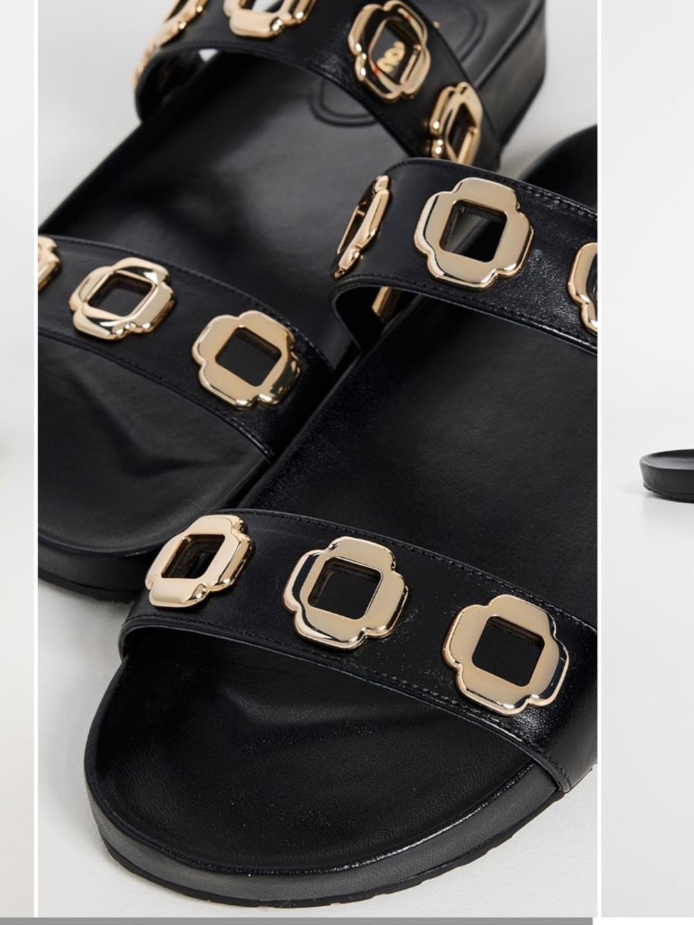 Larroude Milan Black Leather Double-Strap Slide Sandals with Gold Accents - Picture 10 of 12